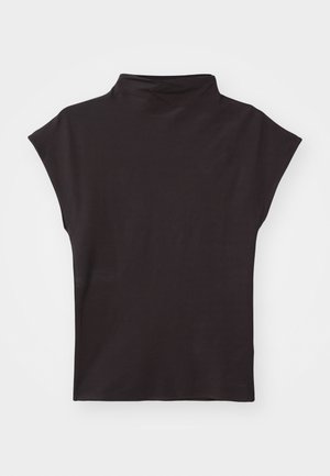 Tricou scurt cu gât închis, de culoare neagră, fabricat dintr-un material elastic, având o croială lejeră și o textură fină, fără modele sau accente vizibile.