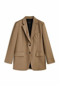 Brun skræddersyet blazer med to sorte knapper, notch lapeller, to klaffelommer og en brystlomme, præsenteret på hvid baggrund.