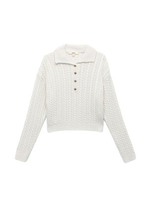 Suéter de punto trenzado crema con cuello tipo polo, que cuenta con una tapeta de cinco botones y un corte cropped. Textura suave y ajuste relajado.