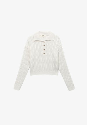 Maglione crema a trecce con colletto, dotato di una placca con cinque bottoni e lunghezza cropped. Tessitura morbida e vestibilità rilassata.