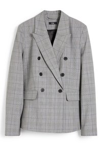 Blazer de cuadros gris de doble botonadura con solapas anchas, botones negros y dos bolsillos frontales. La tela tiene una textura suave y un ajuste estructurado.