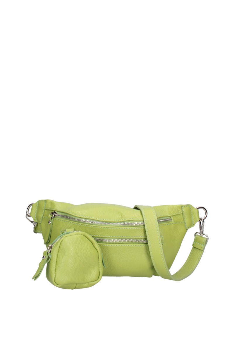 Groene leren crossbodytas met twee ritscompartimenten en een afneembare ronde pouch. Glad oppervlak en verstelbare schouderriem.