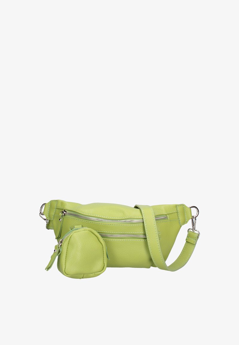Groene leren crossbodytas met twee ritscompartimenten en een afneembare ronde pouch. Glad oppervlak en verstelbare schouderriem.