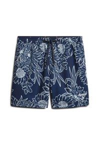 Marine zwemshorts met een wit bloemenpatroon, elastische tailleband en trekkoord. Bevat het merklogo aan de onderzijde rechts.