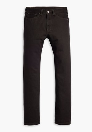 Sorte slim-fit jeans med fem lommer og knaplukning, vist fladt på en hvid baggrund.
