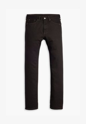 Zwarte slim-fit jeans met vijf zakken en knoopsluiting, plat weergegeven op een witte achtergrond.