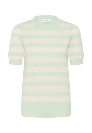 Sveter s krátkym rukávom s horizontálnymi pruhmi svetlozelenej a bielej farby, so zaobleným výstrihom a mierne nafúknutými rukávmi.