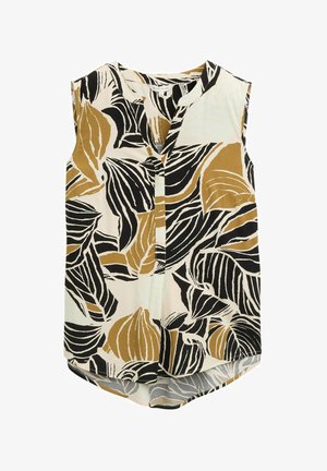 Sleeveless blouse in cream, featuring black and gold leaf patterns. Slightly curved hem, v-neckline, and textured fabric.