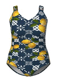 Maillot de bain une pièce bleu marine imprimé de citrons jaunes et de feuilles vertes, devant froncé, bretelles réglables et motifs géométriques blancs.