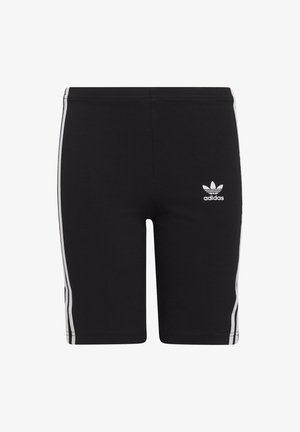 Pantaloni sportivi neri realizzati in tessuto morbido con strisce laterali bianche e un logo Adidas rivolto verso l'alto sulla parte anteriore sinistra in basso.