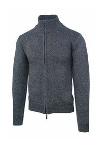 Maglione grigio con zip, dotato di un ampio colletto, realizzato in tessuto testurizzato, con zip frontale e polsini e orlo a coste.