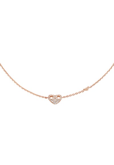 Halskæde i rosaguld med et hjerteformet vedhæng prydet med klare krystaller, forsynet med en delikat kæde og en sikker lås.