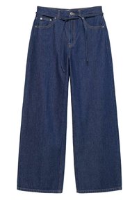 Tmavomodré džínsové nohavice s širokými nohavicami, prednými vreckami, očkami na opasok, zapínaním na gombík a tenkým pásikom z rovnakého materiálu previazaným v páse.
