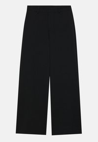 Pantalon noir à jambes larges en tissu lisse, avec une taille mi-haute, des passants pour ceinture, sans ornements ni motifs visibles.