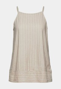 Camisole en lin beige à fines bretelles, présentant des rayures verticales blanches et une texture subtile. L'ourlet est orné d'une bande légèrement plus large.
