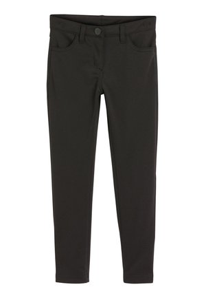 Pantaloni skinny negri din material elastic, cu închidere prin buton, bretele pentru curea și patru buzunare cu o textură netedă.