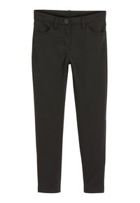 Pantaloni skinny neri realizzati in materiale elastico, con chiusura a bottone, passanti per cintura e quattro tasche, dal texture liscia.
