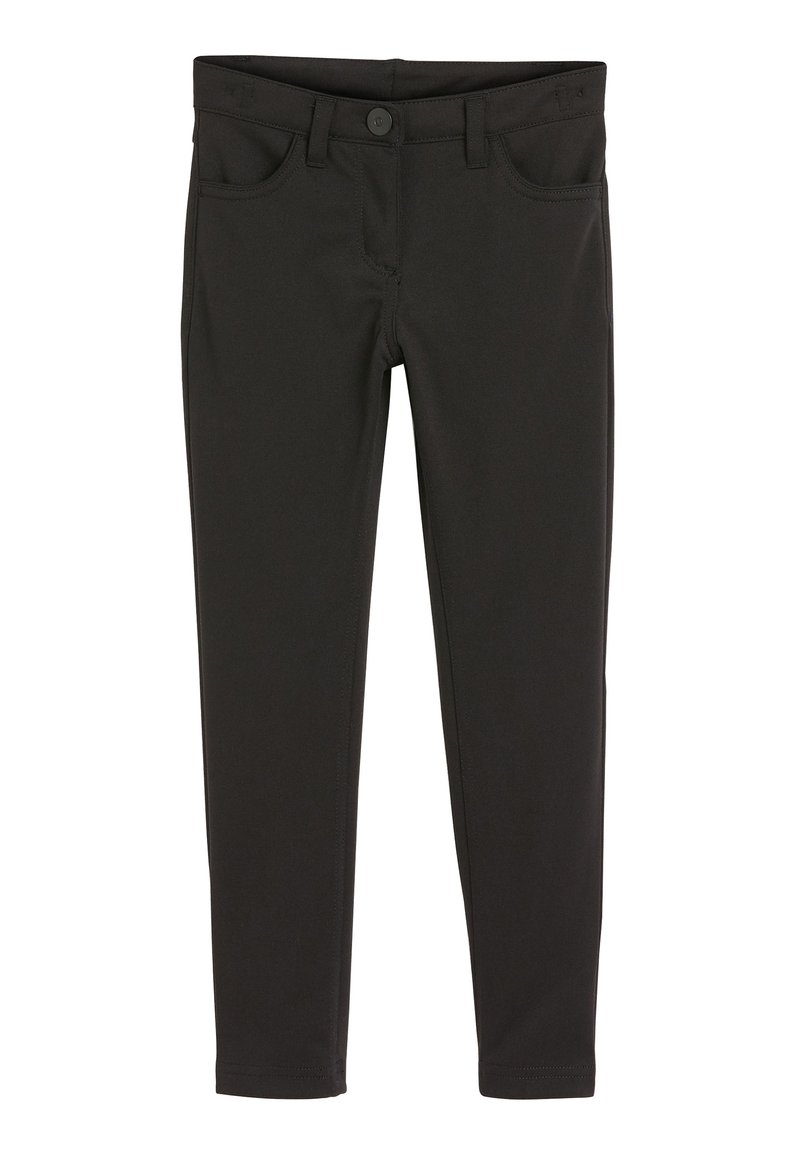 Pantaloni skinny neri realizzati in materiale elastico, con chiusura a bottone, passanti per cintura e quattro tasche, dal texture liscia.
