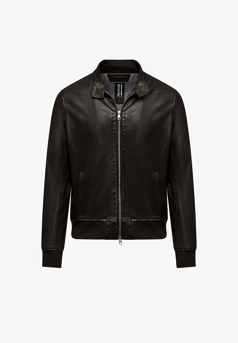 Sort læder bomberjakke med lynlås foran, trykknapkrave, ribbede manchetter og talje. Glat tekstur med sidelommer og mønstret foring.