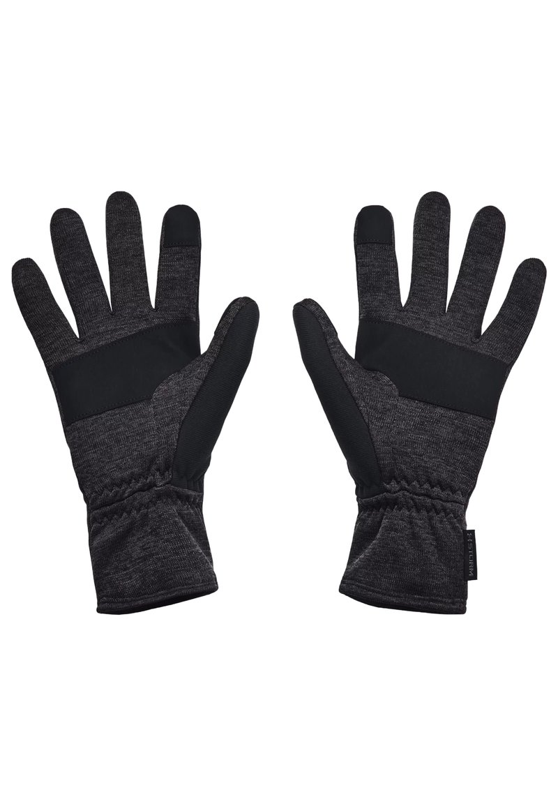 Black gloves with a textured gray knit design, rubberized grip palms, and elastic cuffs for snug fit. Reinforced thumb and fingers.