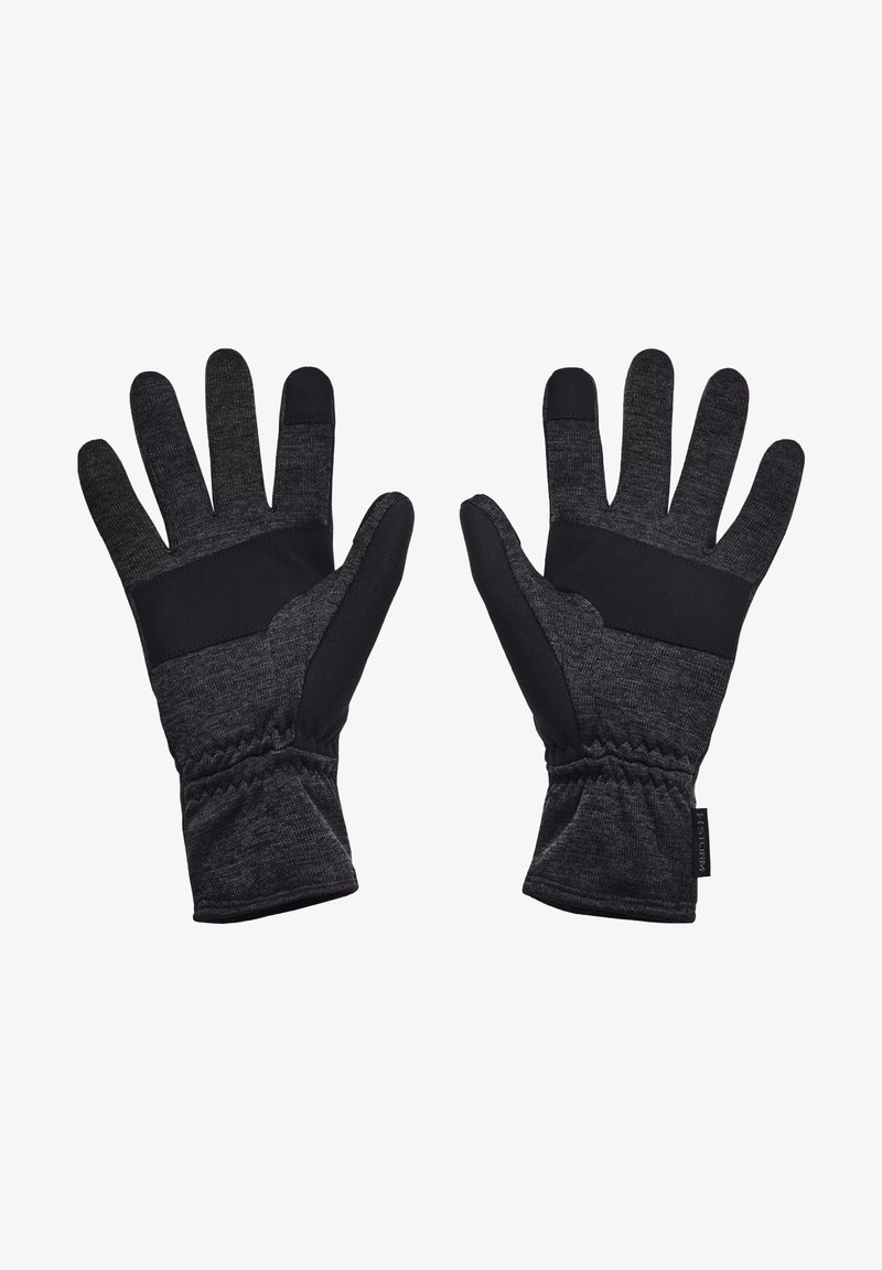 Schwarze Handschuhe mit einem strukturierten grauen Strickdesign, gummiartigen Griffflächen und elastischen Bündchen für eine enge Passform. Verstärkter Daumen und Finger.