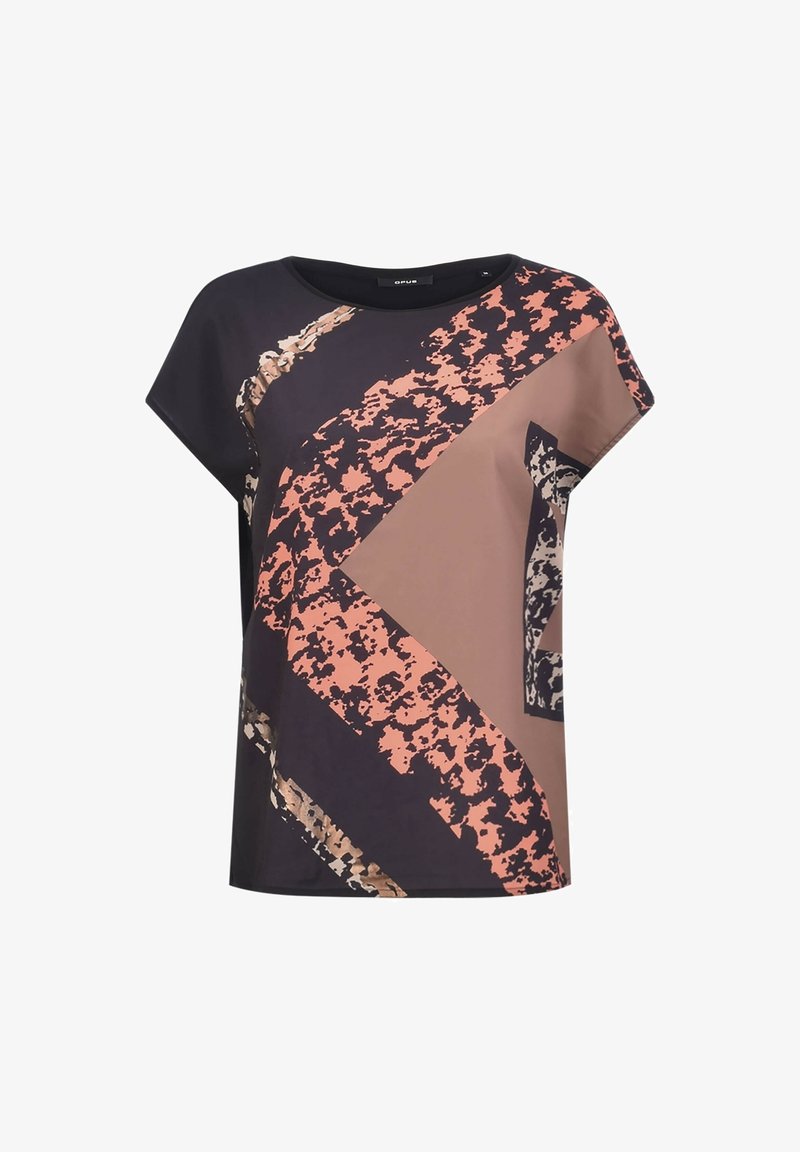 Haut femme à manches courtes avec une coupe ample, présentant des motifs géométriques abstraits et tachetés en noir, pêche, beige et tons taupe.