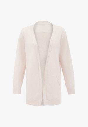 Lyserød cardigan med V-hals, lange ærmer, ribbede mansjetter og kant, knaplukning og to forlommer. Blød tekstur og let materiale.