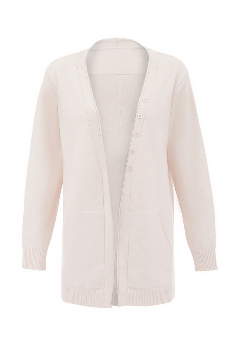 Lichtroze cardigan met een V-hals, lange mouwen, geribbelde boorden en zoom, knoopsluiting en twee voorzakken. Zachte textuur en lichtgewicht materiaal.