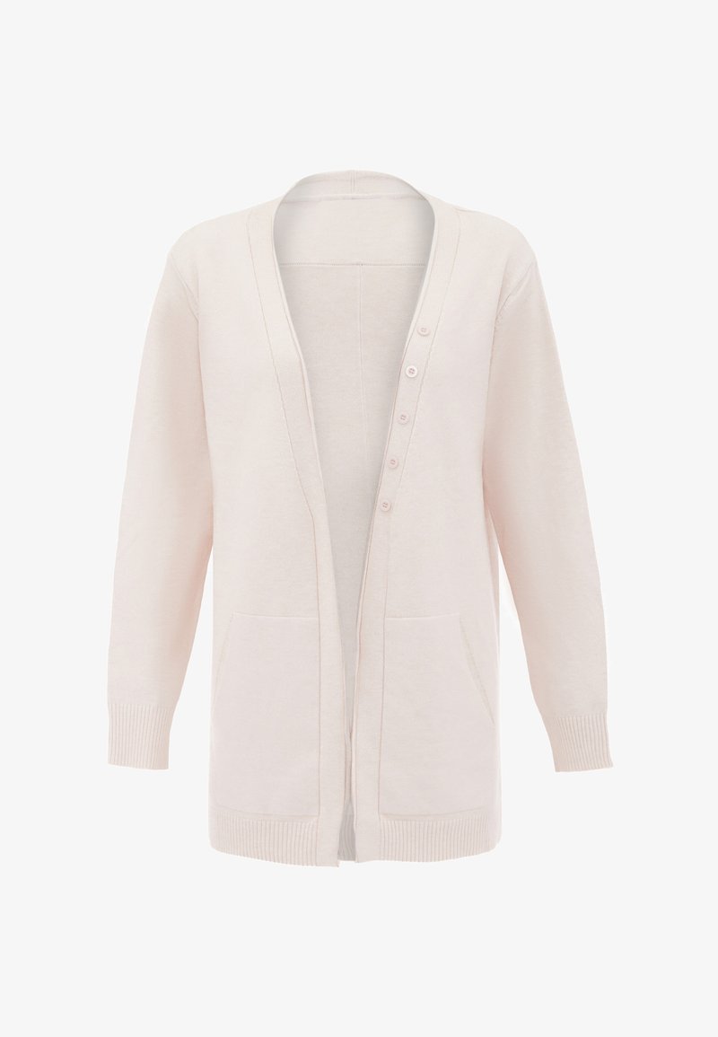 Világos rózsaszín kardigán V-nyakkal, hosszú ujjal, bordázott mandzsettával és aljjal, gombos záródással és két elülső zsebbel. Puha tapintású és könnyű anyagból készült.