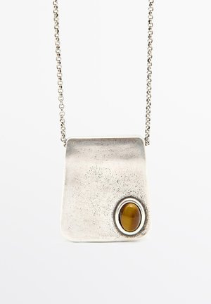 Silver pendant necklace with a textured rectangular design and an oval brown tiger's eye stone set in a circular bezel.