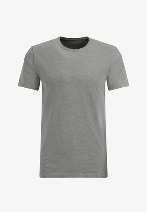 Tricou gri cu mânecă scurtă, dintr-un material moale, cu decolteu rotund și un design simplu. Prezintă linii curate și o textură netedă.