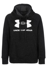 Svart huva sweatshirt med en fläckig textur, med en stor vit Under Armour-logga och justerbara dragsnören. Framsidan har en ficka.