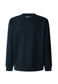 Felpa blu marina con scollatura rotonda, maniche lunghe, polsini e orlo a coste, dotata di un piccolo logo sulla parte posteriore del collo. Tessuto morbido.