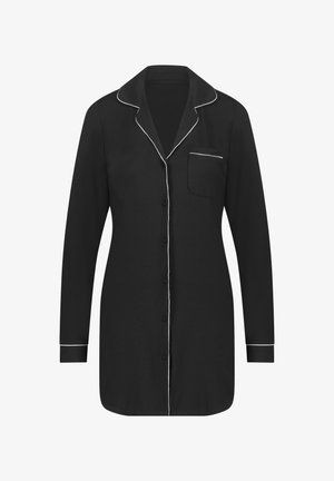 Zwart lange mouwen pyjamahoed van zachte stof, met witte bies langs de kraag, manchet en zak, met knoopsluiting.
