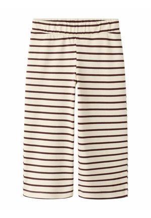 Gestreepte kniebondende shorts in crèmekleur met donkerbruine horizontale strepen, gemaakt van een zachte, rekbare stof en voorzien van een elastische tailleband.