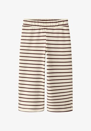 Striped knee-length shorts in cream with dark brown horizontal stripes, made from a soft, stretchy fabric featuring an elastic waistband.