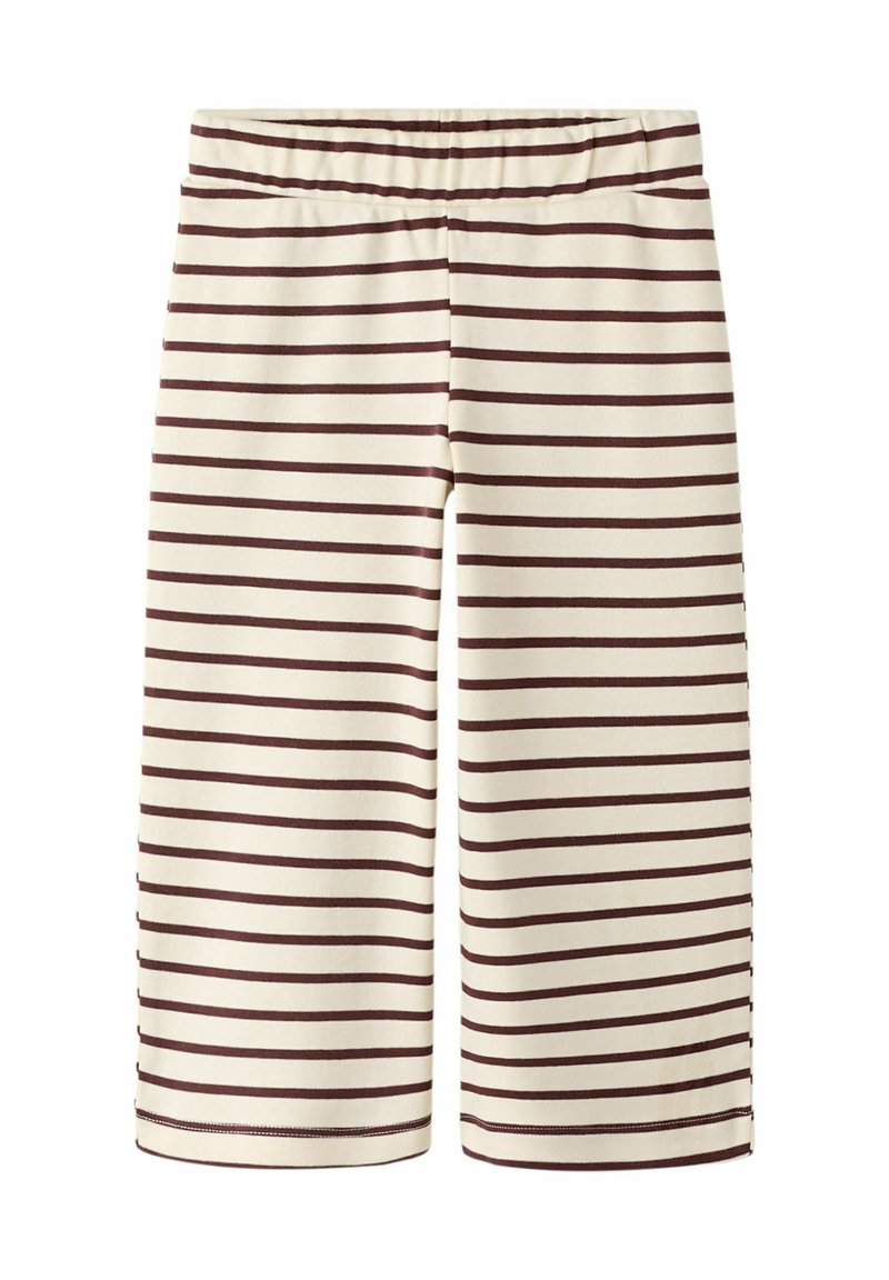 Gestreepte kniebondende shorts in crèmekleur met donkerbruine horizontale strepen, gemaakt van een zachte, rekbare stof en voorzien van een elastische tailleband.