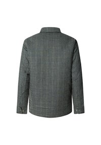 Camisa a cuadros en verde oscuro con líneas azul claro y negras, con cuello, mangas largas y detalles de botones en los puños.