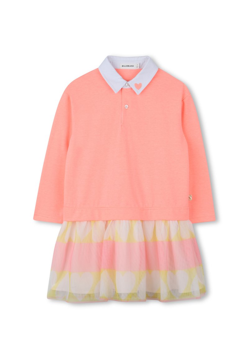 Robe à manches longues avec un haut corail, un col bleu clair et une jupe translucide à volants ornée de motifs de cœurs jaunes et blancs.