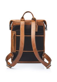 Brown leather and black mesh backpack with padded straps and a top handle, shown from the back on a white background.