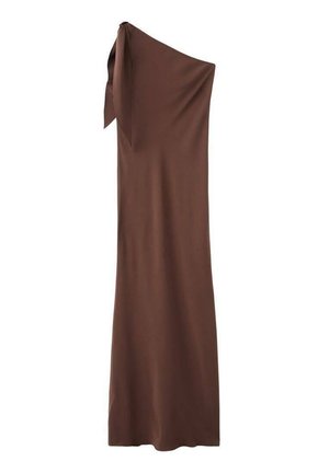 Brown one-shoulder dress made from smooth fabric, featuring a tie detail on the shoulder and a long, flowing silhouette.