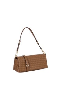 Brown woven leather handbag with a structured shape, featuring a detachable brown strap and gold hardware accents.