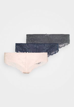 Lace underwear set featuring three pairs: light pink, navy, and dark gray, with floral patterns and scalloped edges.