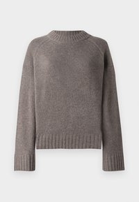 Gray knit sweater with a crew neckline, raglan sleeves, and ribbed cuffs and hem. Soft texture with a slightly loose fit.