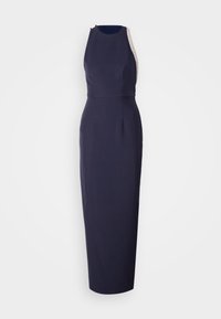 Robe de soirée bleu marine sans manches avec un col montant et une longue silhouette fine, avec une fermeture éclair latérale et des détails clairs sur un bord.