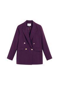 Blazer de doble botonadura en tela de un profundo color púrpura. Presenta botones en tono dorado, solapas muestradas y dos bolsillos frontales. Diseño clásico y a medida.