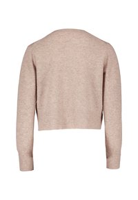 Pull court rose clair, fabriqué en tissu doux. Présente un col rond, des manches longues et des bords côtelés. Pas de motifs ni d'ornements.