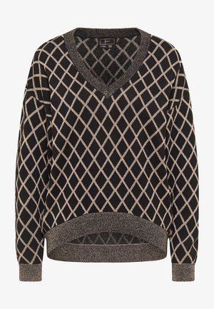 Suéter negro con escote en V y mangas largas, que presenta un patrón de diamantes en oro metálico. Los puños y el dobladillo acanalados proporcionan estructura.