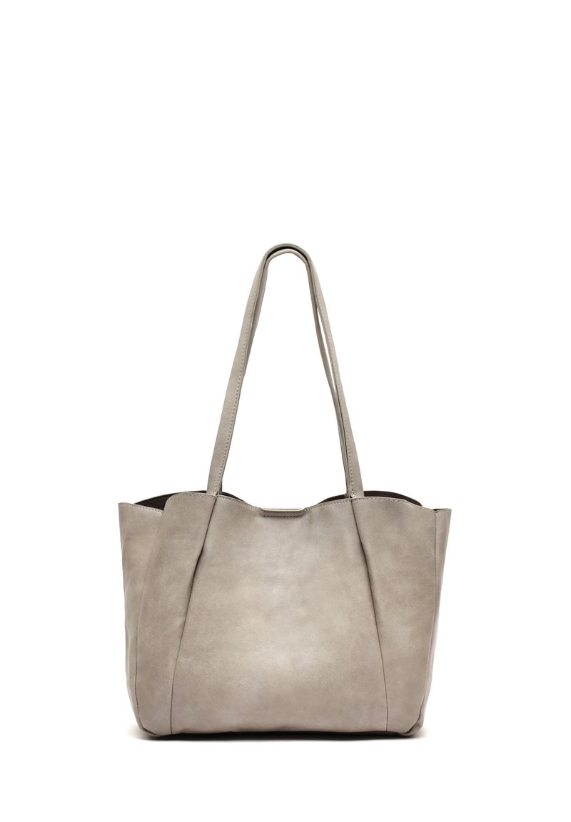 Gray leather tote bag with two long handles, a smooth texture, and a slightly structured shape. Notable for its minimalist design.