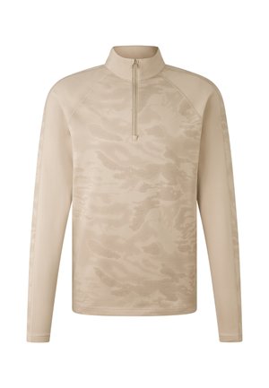Beige long-sleeve top with a half-zip collar, featuring a textured camouflage pattern and raglan sleeves for enhanced movement.